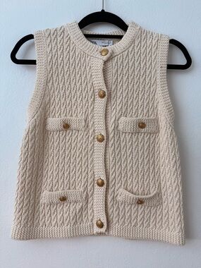 Zara Cream Cable Knit Sleeveless Cardigan with Gold Buttons
